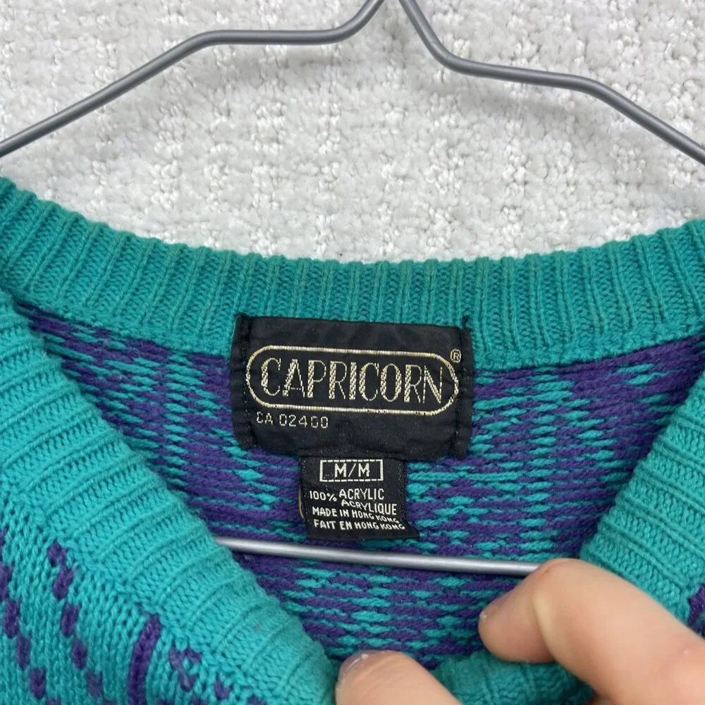VTG Capricorn Crewneck Knit Grandpa Sweater Men Sz M Psychedelic's Geometric AOP - Picture 7 of 15
